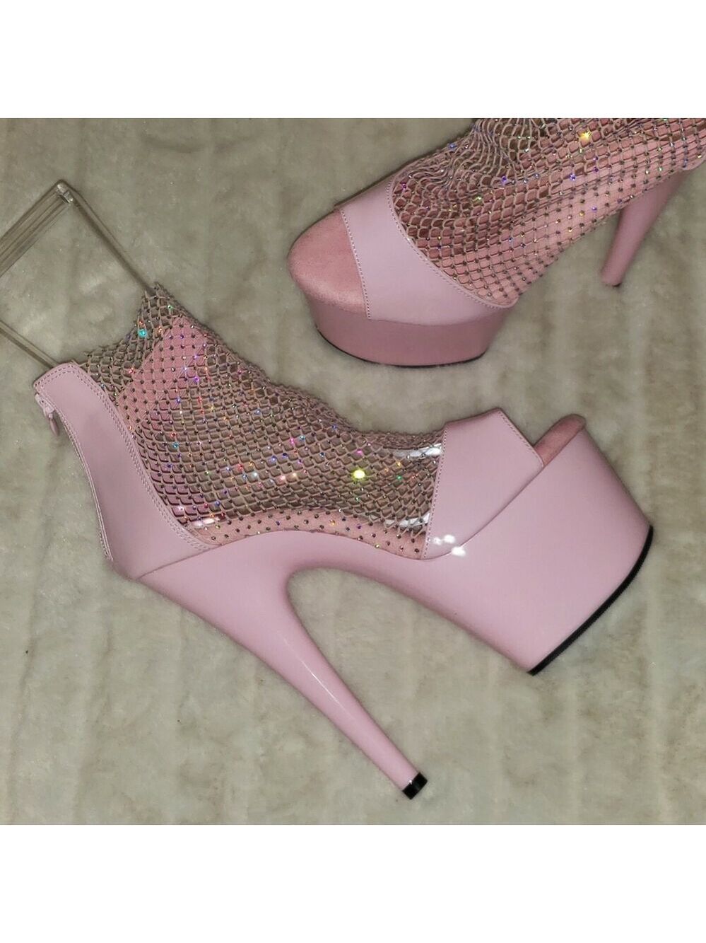 NIB Adore 765RM Baby Pink Rhinestone Mesh Platform 7" High Heel Sandal Shoes - Picture 11 of 13